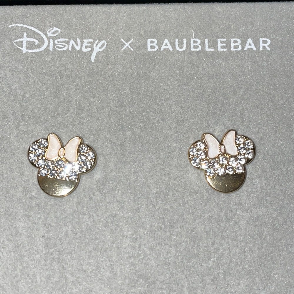 Disney X Baublebar Minnie Mouse Earring Pink Bow Clear Rhinestone Gold Color